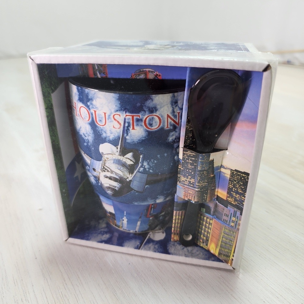 Houston Texas Space Shuttle Souvenir Mug and Spoon Set Postcard Factory New
